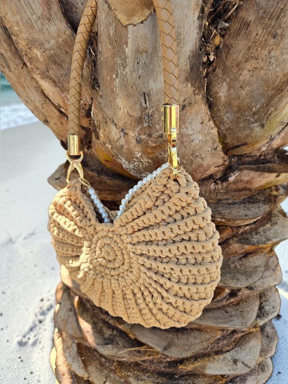 Unique Tan Crochet Shell Shoulder Bag with Both Short and Long Handles NWT
